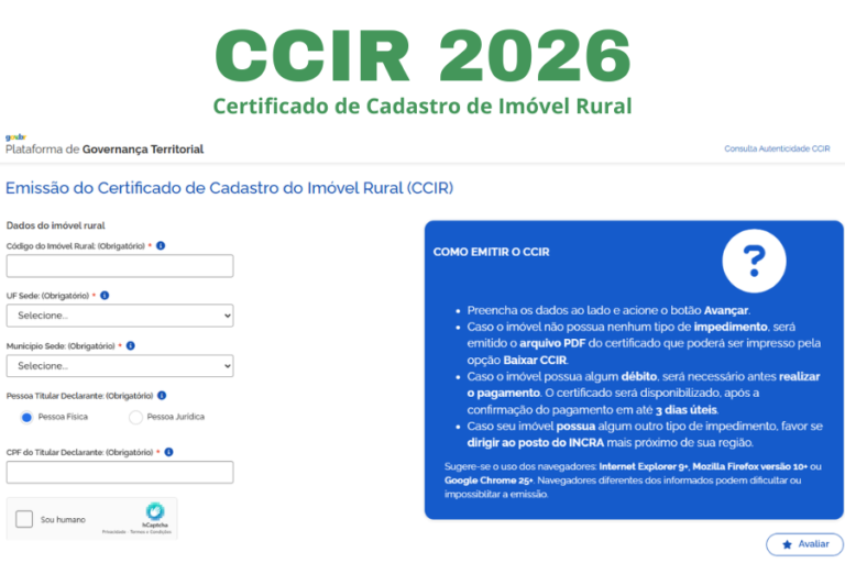 CCIR 2026 do INCRA: veja prazos, emissão online, taxa de serviços cadastrais e orientações oficiais para regularização de imóveis rurais.