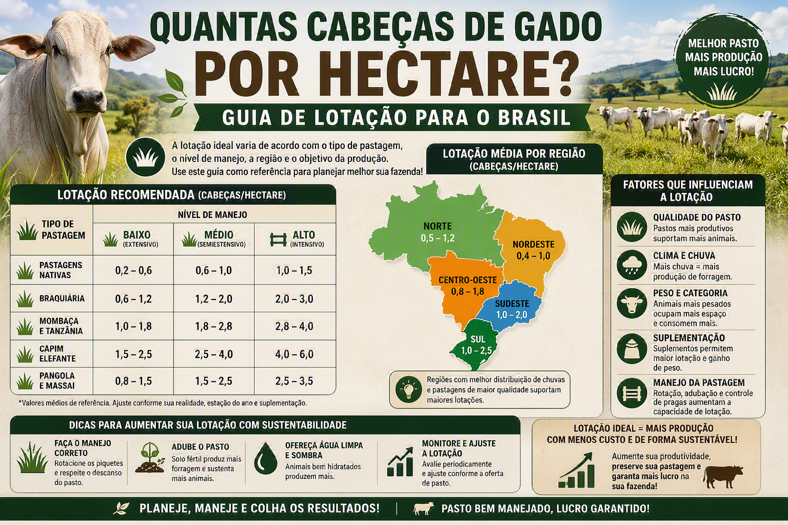 Quantas cabeças de gado por hectare? Guia de Lotação para o Brasil